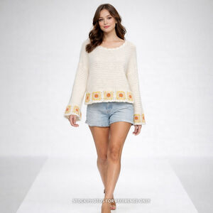 Sincerely Jules Cream Crochet Daisy Sweater M Boho CottageCore Free People Style